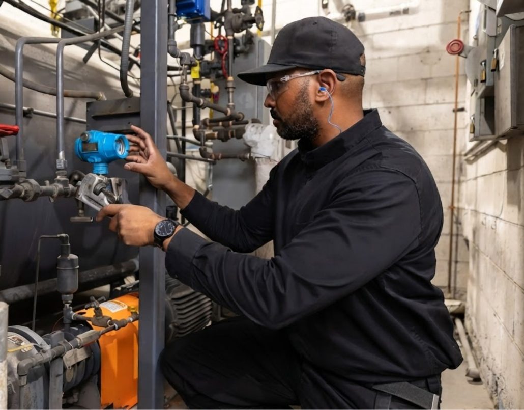 Technician servicing a commercial boiler